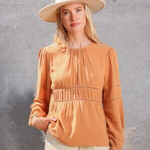 LUMIERE Rust Orange Long Sleeve Blouse Boho Chic Pleated Peasant Top